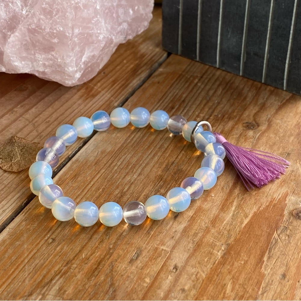 Opalite Mala Bead Bracelet with Dainty Pink Silk Tassel Blue Purple Pink